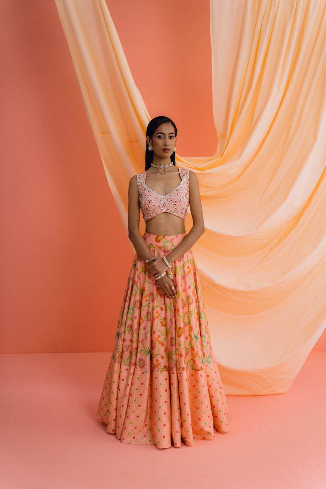 Coral Foil Applique Lehenga Set
